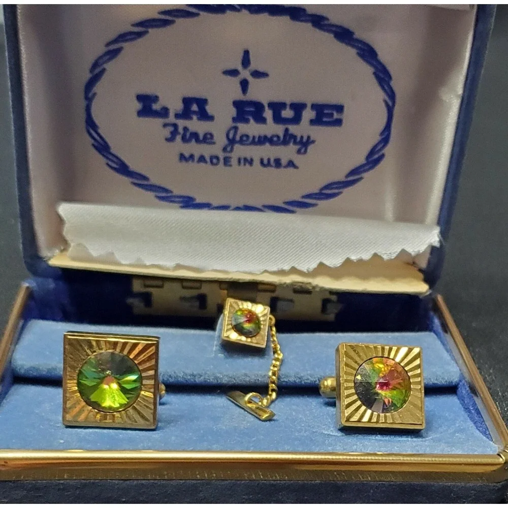 Vintage La Rue Gold Tone Green & Pink Rhinestone Cufflinks & Tie Clip Set w/ Box